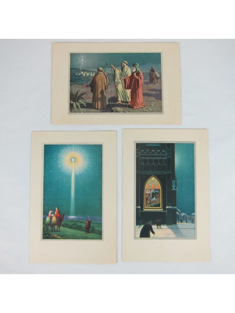 Vintage Christmas Cards Lot 3 Religious Bethlehem Star Wise Men Church USA Litho